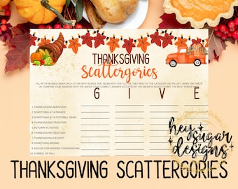 Thanksgiving Scattergories-spel | Leuk Thanksgiving-spel | Vriendschapsactiviteit | Afdrukbaar Thanksgiving-spel | Direct downloaden 5 x 7