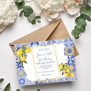 Modello modificabile di invito per la celebrazione della festa di compleanno in oro e limone con piastrelle blu e gialle modificabili Invito, download istantaneo, stampabile, scaricabile