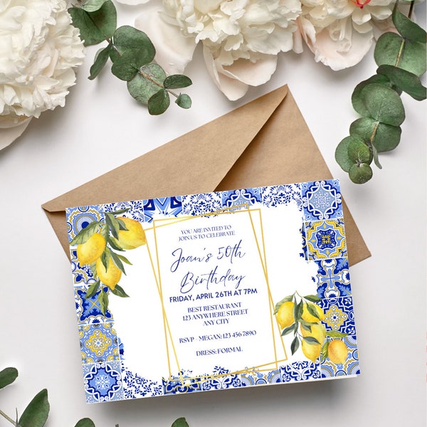 Editable Blue and Yellow Tiles Lemon Gold Birthday Party Celebration Invitation Template Invite, Instant Download, Printable, Downloadable