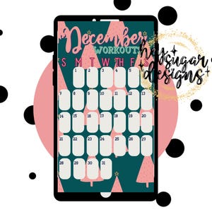 Könnte beinhalten: Ein digitaler druckbarer Kalender für Dezember mit grünem Hintergrund und rosa Weihnachtsbäumen. Der Kalender ist mit den Wochentagen beschriftet und den Zahlen 1 bis 31. Der Text "December Workout" steht oben auf dem Kalender.