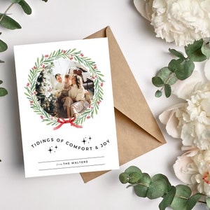 Bearbeitbare einfache minimalistische Botschaft von Komfort und Freude Weihnachtskranz Weihnachtskartenvorlage, digitaler Download, zum Ausdrucken