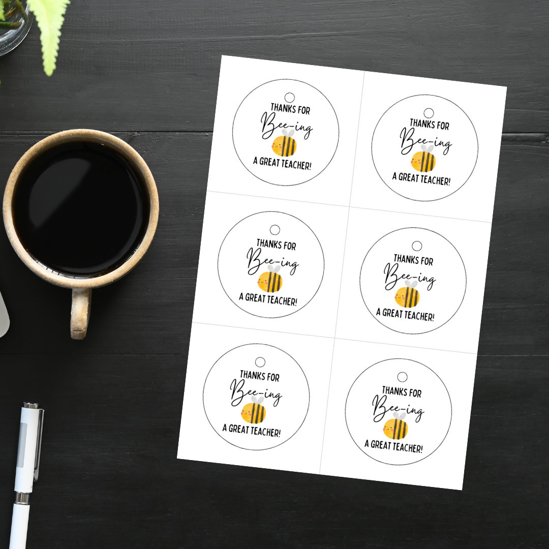 Gracias imprimibles por Bee-ing my Teacher Appreciation Gift Tags 6 por página Descarga instantánea digital descargable
