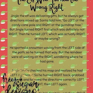 May include: A festive Christmas-themed poster with a red border and a green background. The text reads "The Elf Who Turned the Wrong Right," a story about an elf. The design includes illustrations of elf hats and snowflakes.