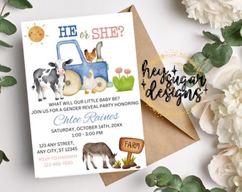Watercolor Farm Gender Reveal Editable Invitation Template | Farm Animals | He or She | Pregnancy | Celebration | Party