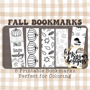 Könnte beinhalten: Fünf druckbare Lesezeichen mit Herbstmotiven. Die Lesezeichen zeigen Kürbisse, Blätter und Pilze. Der Text "Fall into reading" befindet sich auf einem Lesezeichen. Der Text "Hey Sugar Designs" befindet sich auf einem anderen Lesezeichen.