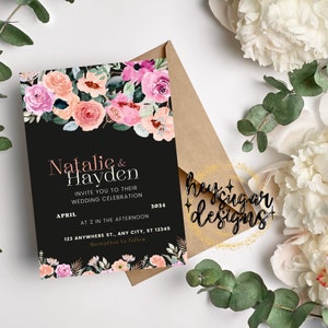 Black Floral Wedding Invitation Editable Template, Marriage, Printable, Instant Download