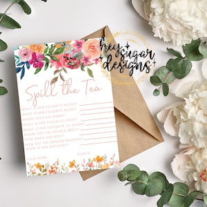 Spill the Tea Watercolor Floral Bridal Shower Game, Instant Download, Bridal Tea Game