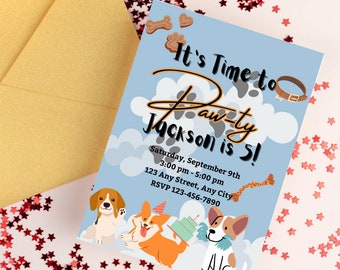 May include: A blue and white paw-themed party invitation for a dog named Jackson's 5th birthday. The invitation features a cartoon dog wearing a party hat and holding a cake. The text on the invitation reads "It's Time to Paw-ty Jackson is 5!" and includes the date, time, address, and RSVP information.