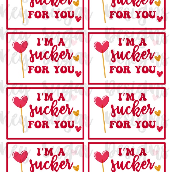 I'm a Sucker for You Valentine's Day Tags | Valentine Gift Tags | Printable Lollipop Cards | Heart Sucker