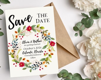 Editable Floral Wreath Colorful Save the Date Wedding Template Printable Downloadable Digital Download Instant