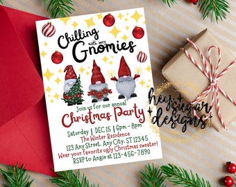 Chilling with My Gnomies Christmas Party Editable Invitation Template | Christmas Gnomes | Instant Download | Printable Invite | Holiday