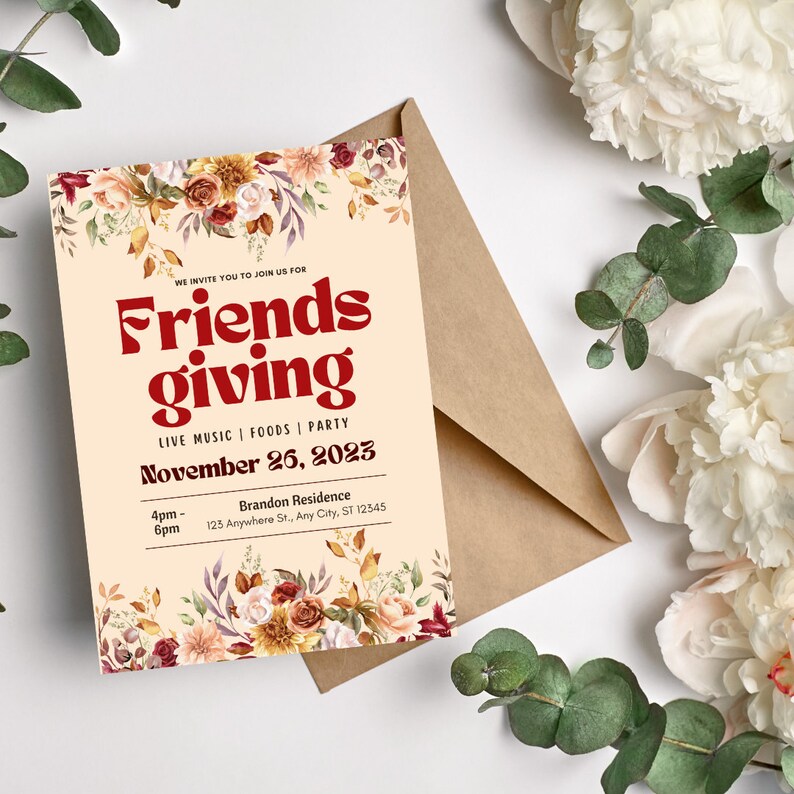Friends Giving Letters Editable Fall Floral Friendsgiving Invitation Template, Invite, Digital ...