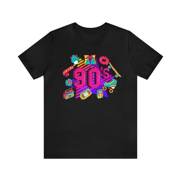 90s Nostalgia Unisex Jersey Short Sleeve Tee | T-Shirt | Shirt | Bright Neon | VHS Tape | Scrunchie | Slap Bracelet | Boombox | Roller Skate