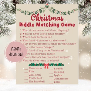 May include: A Christmas-themed printable game with a red and white bow. The game is a riddle matching game with questions like "What do snowmen call their offspring?" and "What do elves use to make repairs?" The answers are listed below the questions and include words like "Chemistree", "Elf-abet", "Elfis", "Humbug", "Chill-dren", "Ig-glue", "North Pool", "Oarnaments", "The Snowball", and "Elfies".