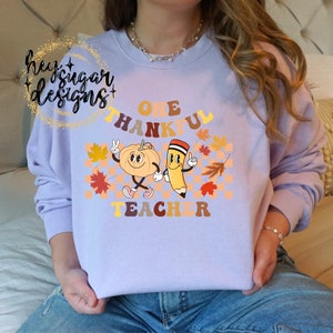 One Thankful Teacher Fall Autumn Retro PNG for Sublimation Screenprint, Pumpkin, Pencil, Teach, Teaching