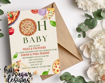 Editable Oh Baby Pizza Party Watercolor Baby Shower Invitation Template, Invite, Instant Download, Printable, Downloadable