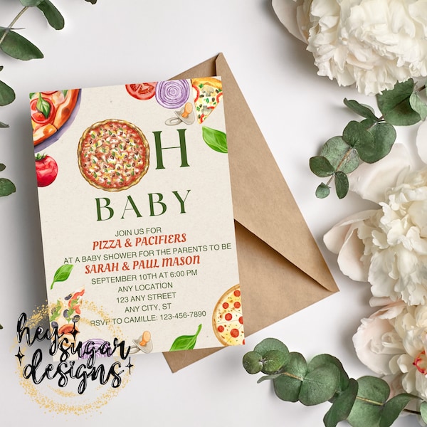 Editable Oh Baby Pizza Party Watercolor Baby Shower Invitation Template, Invite, Instant Download, Printable, Downloadable