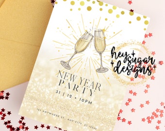 New Year Champagne Editable Invitation Template | Gold Minimalist | New Year Party | NYE | New Year's Eve | Celebration