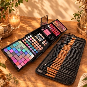 Peut inclure: Une palette de maquillage noire à plusieurs niveaux présentant une large gamme de fards à paupières, de blushs et de rouges à lèvres carrés et circulaires, accompagnée d'un étui noir contenant un ensemble complet de pinceaux à manches en bois.