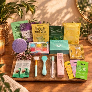 May include: A collection of skincare products including various face mask packets, a box of colourful facial sponges, a rose petal face serum, a silicone facial brush, a makeup applicator brush, a small spatula, and gold under-eye patches on a wooden board.