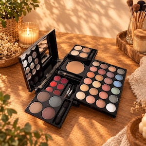 Puede incluir: Una paleta de maquillaje negra de varios niveles que presenta una amplia gama de sombras de ojos circulares en tonos neutros, metálicos y pastel, junto con polvos compactos, colores de labios rojos vibrantes y pequeños pinceles aplicadores.