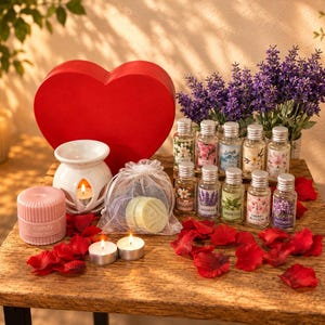 Op de afbeelding: Een cadeaupakket met een grote rode hartvormige doos, een witte keramische geurbrander met een brandend waxinelichtje, een roze geribbelde kaars met het label candy, een organza zakje met ronde zeepjes, tien kleine glazen geurolieflesjes en rozenblaadjes.