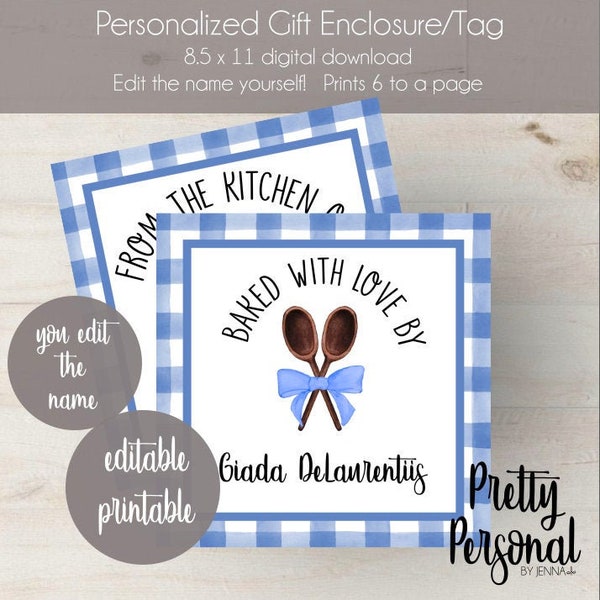 Personalized kitchen gift tag enclosure or label 'Pretty Personal by Jenna' Digital Download DIY Editable Printable