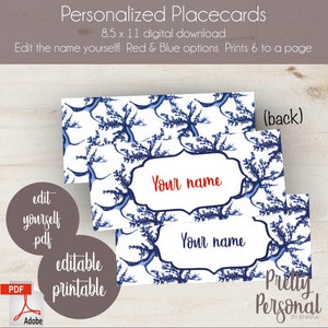 Personalized Christmas Chinoiserie Placecards Double-sided 'Pretty Personal by Jenna' Digital Download Editable Printable 'Blue and White'