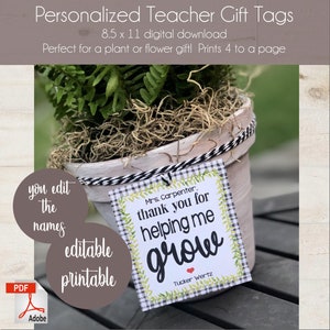 Personalized Teacher Appreciation Plant Gift Hang Tags Flower Gift Hang Tags Digital Download DIY Printable editable