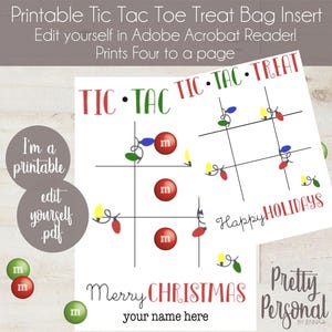 Puede incluir: Inserto imprimible para bolsas de golosinas Tic Tac Toe con temas navideños y festivos. El diseño incluye tableros de tic-tac-toe, luces navideñas y el texto "Merry Christmas" y "Happy Holidays". El inserto está diseñado para ser editado en Adobe Acrobat Reader.