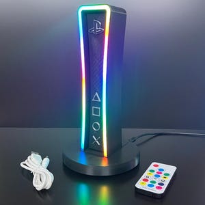 PlayStation Headphone Stand with RGB Lighting | Custom 3D Printed Gaming Headset Stand | PS-Themed Desk Accessory | Gamer Gift Black