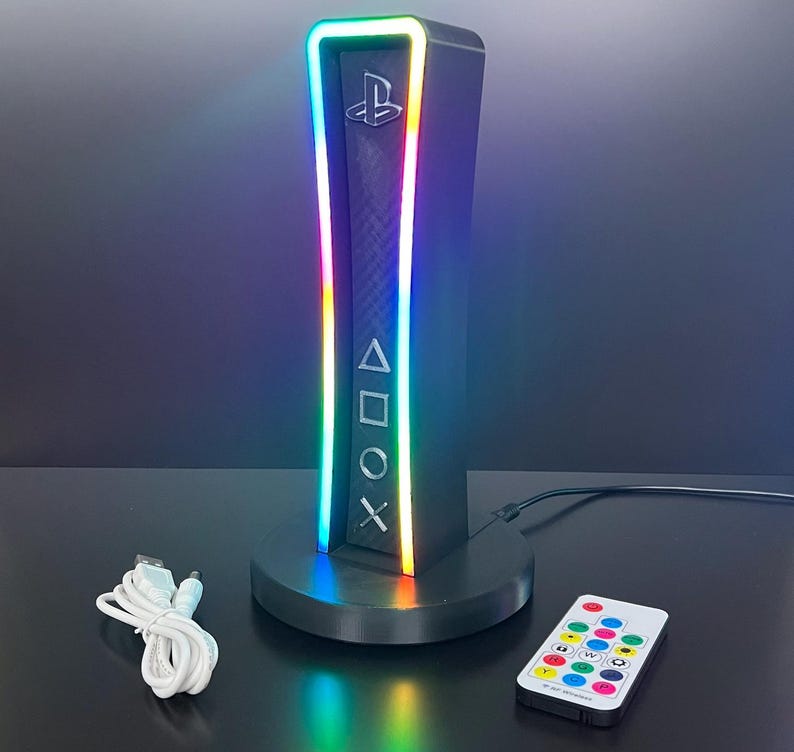 PlayStation Headphone Stand with RGB Lighting | Custom 3D Printed Gaming Headset Stand | PS-Themed Desk Accessory | Gamer Gift Black
