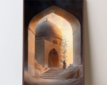 Könnte beinhalten: Ein gerahmtes Gemälde einer im Bau befindlichen Moschee, die durch einen gewölbten Durchgang betrachtet wird. Die Moschee hat eine große Kuppel und ist von Gerüsten umgeben. Eine Person steht auf den Stufen, die zur Moschee führen, und blickt auf die Szene.