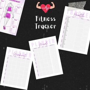 May include: Printable fitness tracker with a pink and white design. The tracker includes sections for meal planning, workout planning, and health tracking. The title of the tracker is "Fitness Tracker".