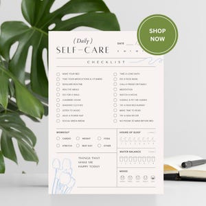 May include: A printable self-care checklist with a white background and black text. The checklist includes items such as making your bed, taking your medications, skincare routine, healthy meals, doing a walk, cleaning house, washing clothes, listening to music, having a power nap, social media break, taking a long bath, doing a face mask, calling a friend or family, meditation, watching a movie, cuddling a pet or human, trying a new restaurant, making time to read, trying a new recipe, and no phone 30 minutes before bed. The checklist also includes sections for workout, hours of sleep, water balance, and mood.