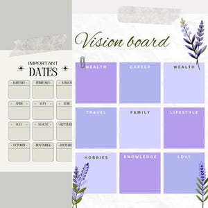 Planner Vision Board con grafico mensile delle date importanti / Organizza i tuoi obiettivi per salute, ricchezza, carriera, famiglia e altro ancora Download digitale
