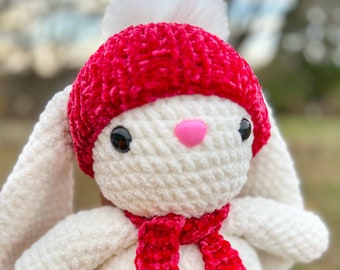 Crochet Plushie Bunny ready to ship, removable outfits