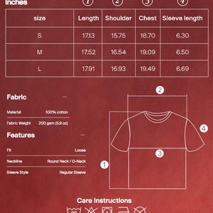 May include: A red graphic showing a t-shirt size chart with measurements in inches. The chart includes size, length, shoulder, chest, and sleeve length for sizes S, M, and L. The fabric is 100% cotton, 200 gsm (5.9 oz), loose fit, round neck, and regular sleeve.