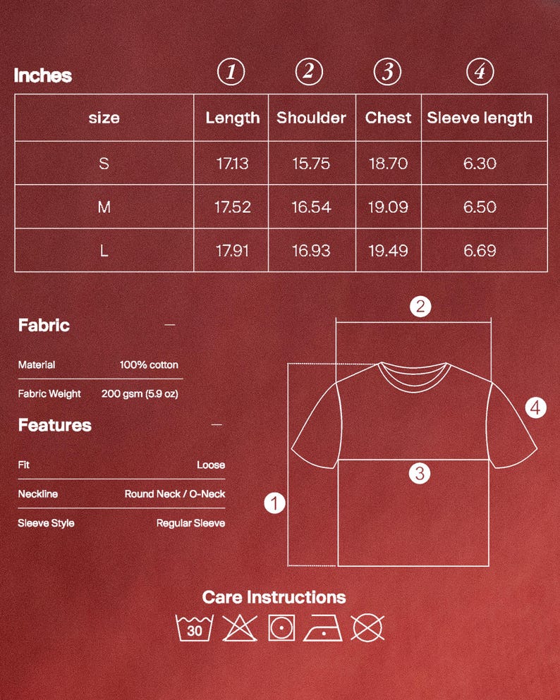 May include: A red graphic showing a t-shirt size chart with measurements in inches. The chart includes size, length, shoulder, chest, and sleeve length for sizes S, M, and L. The fabric is 100% cotton, 200 gsm (5.9 oz), loose fit, round neck, and regular sleeve.