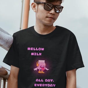 Mellow Milk Unisex Tee, Cute Milk Carton Shirt, Funny Cartoon Character Top, Slogan Graphic T-shirt, Soft Cotton Tee for Adults, Comfy