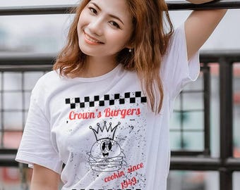 Camiseta retro con personaje de hamburguesa, camiseta vintage de hamburguesa, camiseta de Crown's Burgers, regalo para amantes de la comida rápida, camiseta retro de los años 50