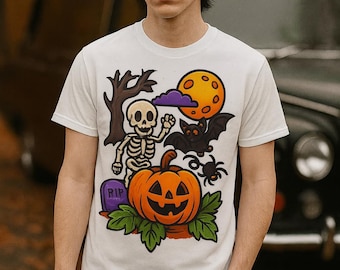Halloween Cartoon Tee, Spooky Unisex Shirt, Colorful Halloween T-Shirt, Scary Graphic Top, Halloween Costume Jersey