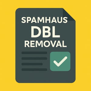 Könnte beinhalten: Digitale Illustration auf gelbem Hintergrund. Das Bild zeigt ein dunkelgraues Dokument mit dem weißen Text "SPAMHAUS DBL REMOVAL". Ein grünes Häkchen befindet sich in der unteren rechten Ecke.