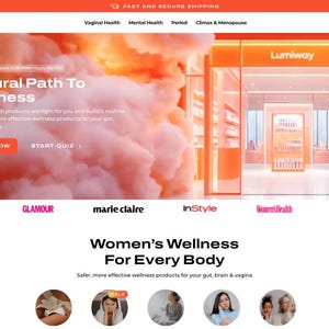 Op de afbeelding: Homepage van de Lumiway-website met de tekst "Natural Path To Wellness" en "Women's Wellness For Every Body". De site heeft een oranje en wit kleurenschema, met afbeeldingen van producten en vrouwen.