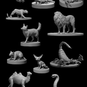 Wild Shape Desert Miniatures Bundle – 3D Printed Resin Aquatic Beasts for DnD, Pathfinder, TTRPG – Camel, Fox, Vulture, Lion and More