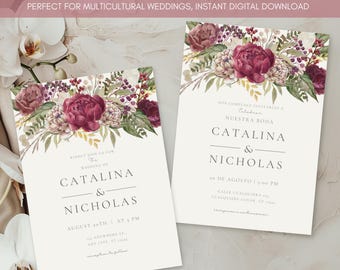 Plantilla de invitación de boda: Vegetación rústica - Bilingüe español e inglés