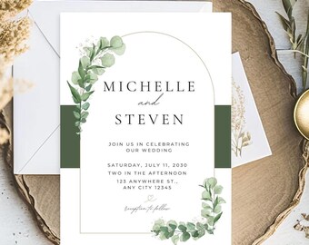 Eucalyptus Wedding Invitation Template - Rustic Greenery, Editable Download