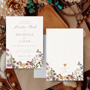 Invitaciones de boda / Plantilla de invitación de boda rústica bohemia con flores silvestres españolas / Invitación editable de Canva con itinerario y tarjeta de detalles