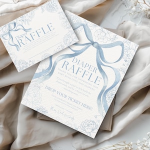 Dusty Blue Diaper Raffle Sign and Ticket, A Baby Shower Game, Blue Bow Baby Shower Printable, An Editable Canva Template