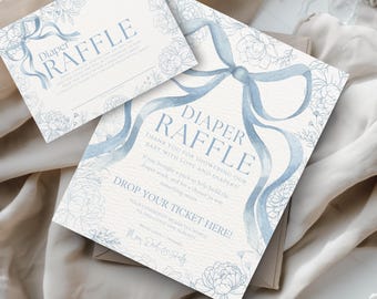 Dusty Blue Diaper Raffle Sign and Ticket, A Baby Shower Game, Blue Bow Baby Shower Printable, An Editable Canva Template